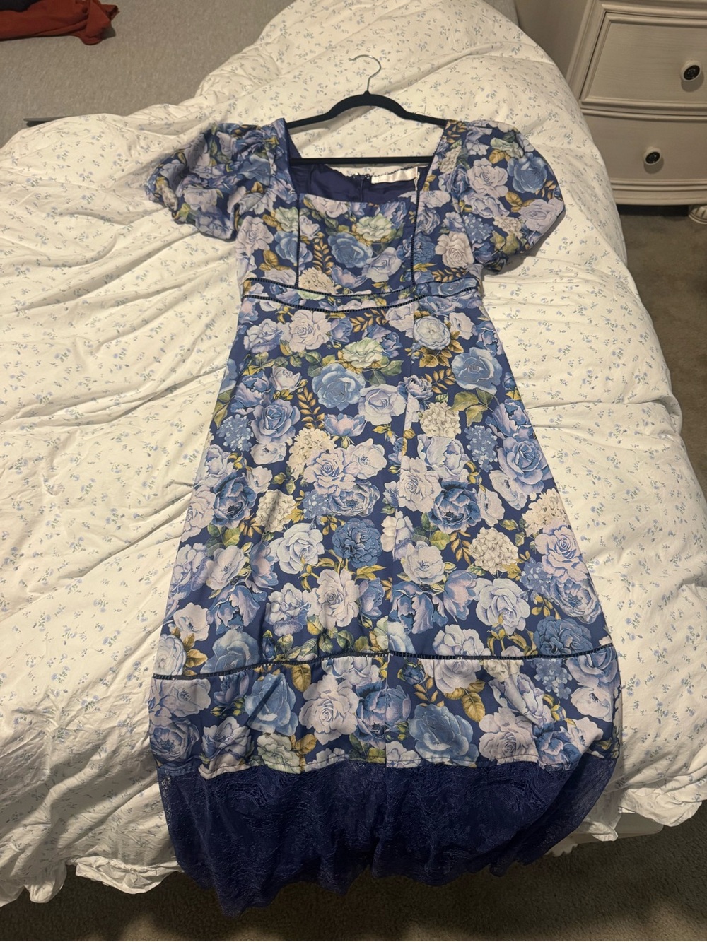 Rachel Parcell Blue Floral Square-Neck Puff Sleeve Midi Dress